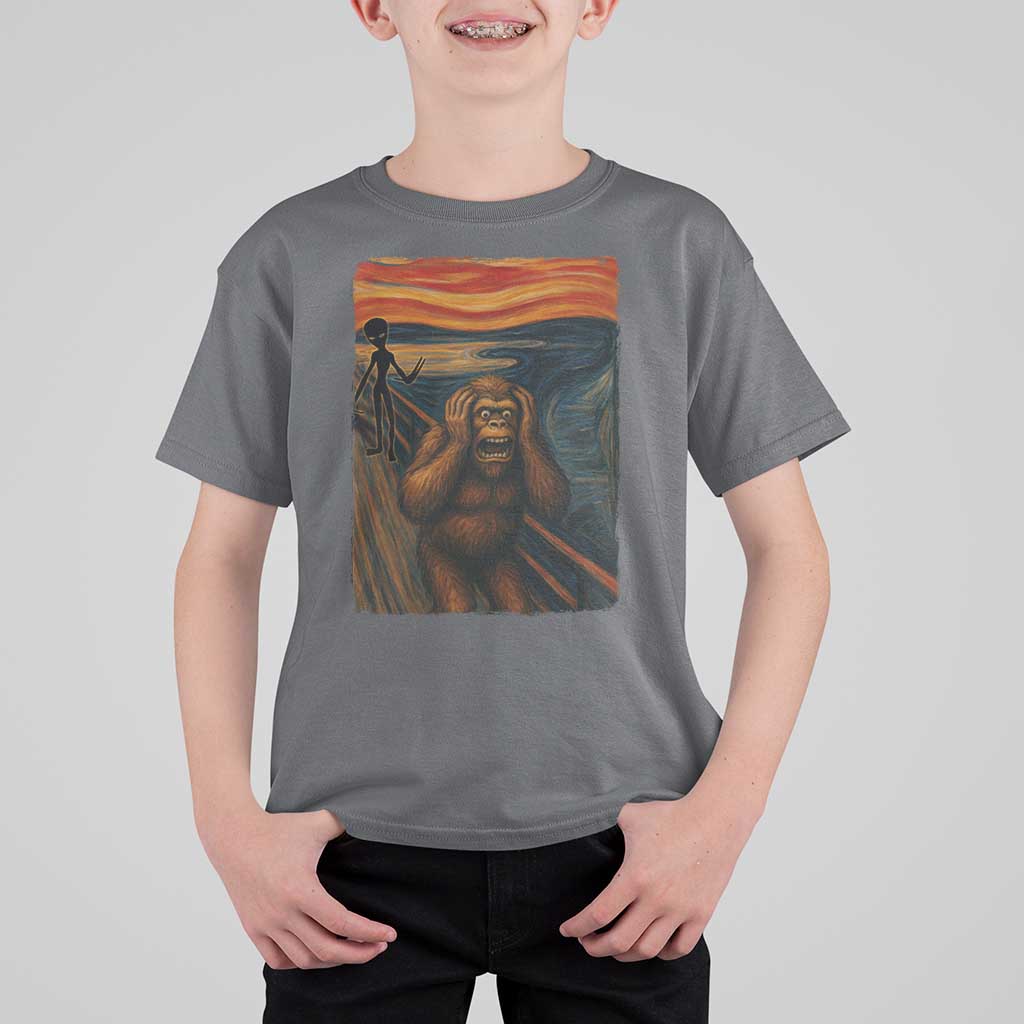 Funny Bigfoot And Alien T Shirt For Kid Parody The Scream Art Meme Gift - Wonder Print Shop