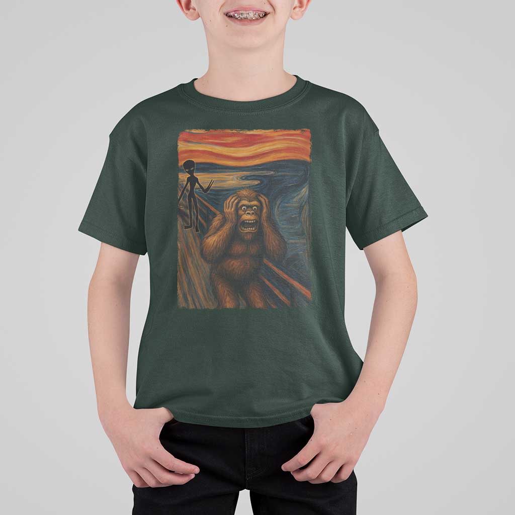 Funny Bigfoot And Alien T Shirt For Kid Parody The Scream Art Meme Gift - Wonder Print Shop