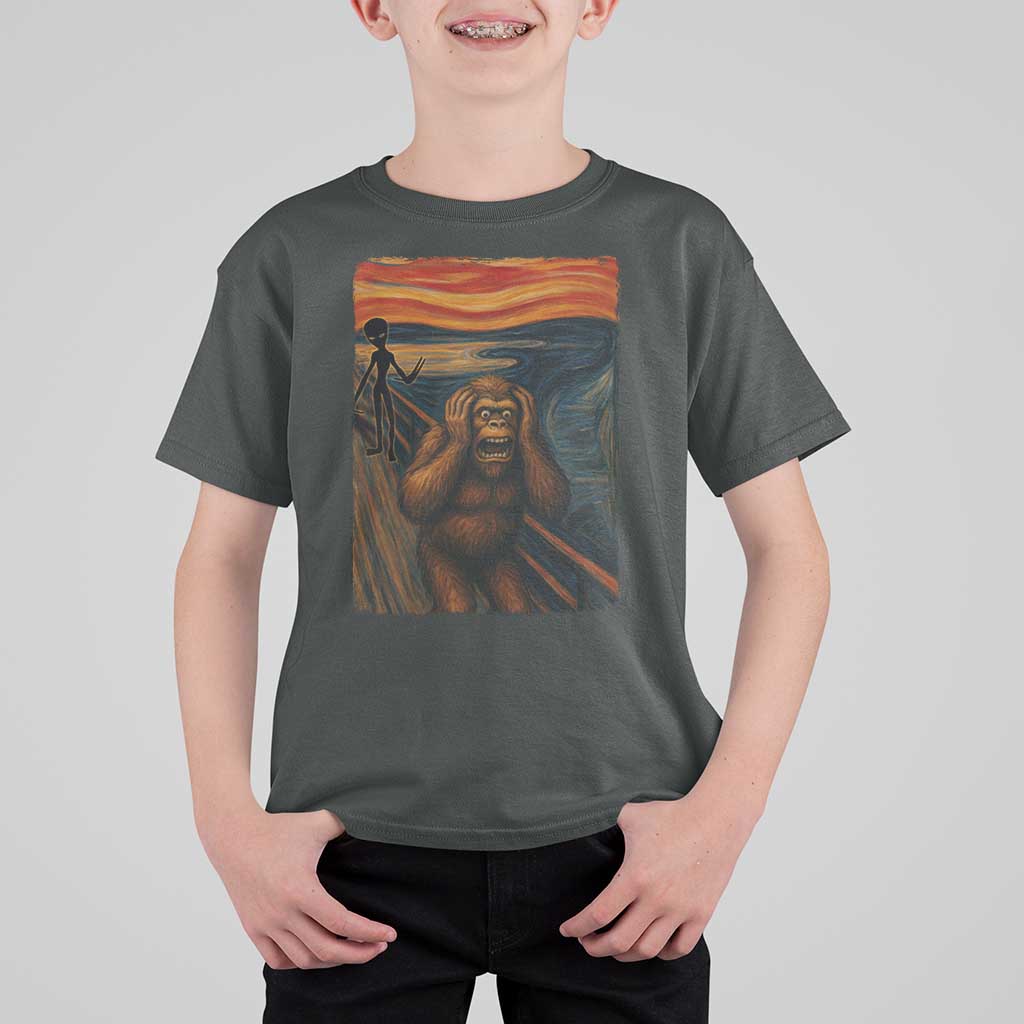 Funny Bigfoot And Alien T Shirt For Kid Parody The Scream Art Meme Gift - Wonder Print Shop