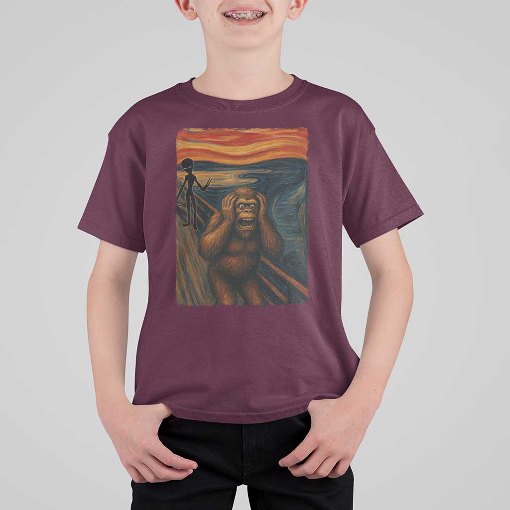 Funny Bigfoot And Alien T Shirt For Kid Parody The Scream Art Meme Gift - Wonder Print Shop