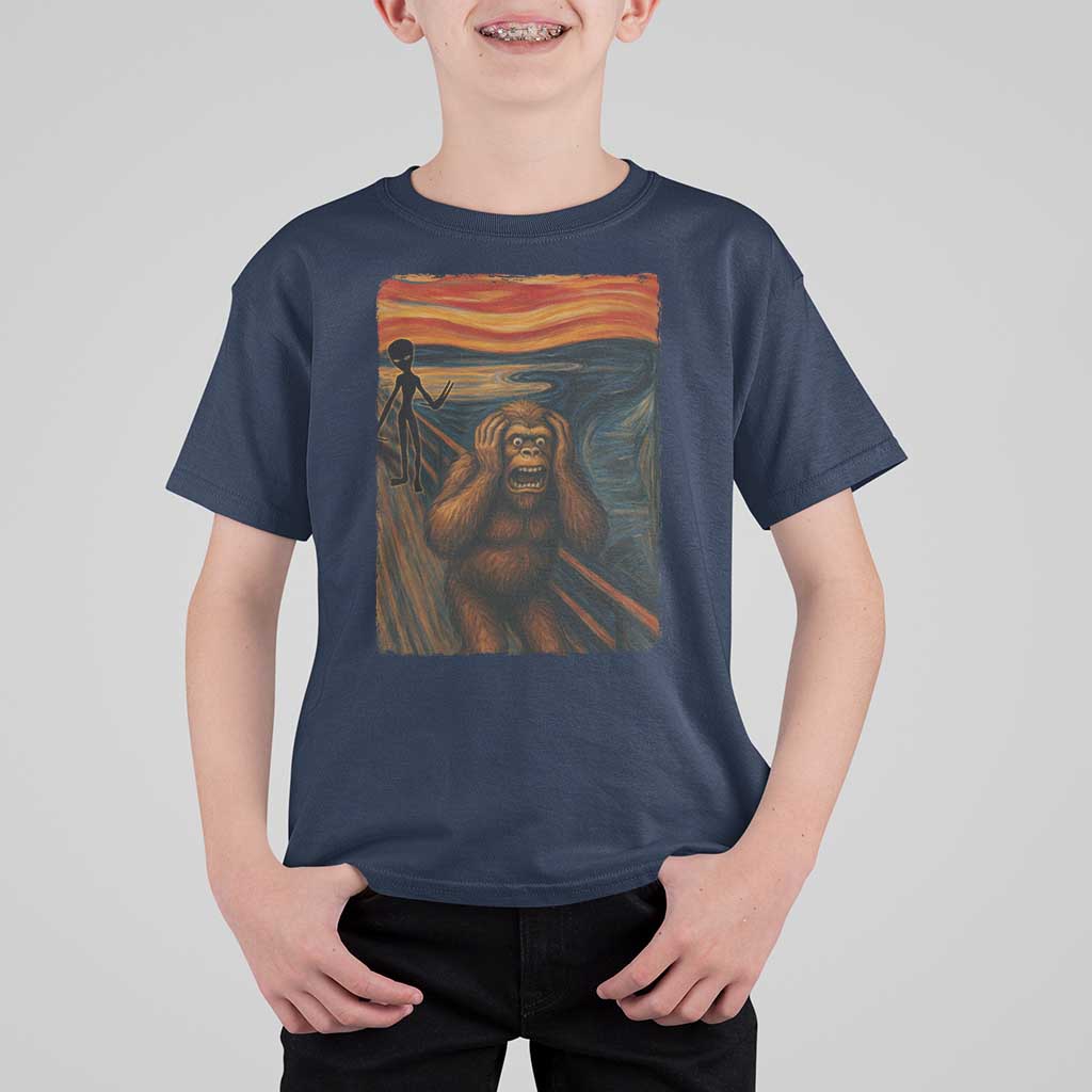 Funny Bigfoot And Alien T Shirt For Kid Parody The Scream Art Meme Gift - Wonder Print Shop