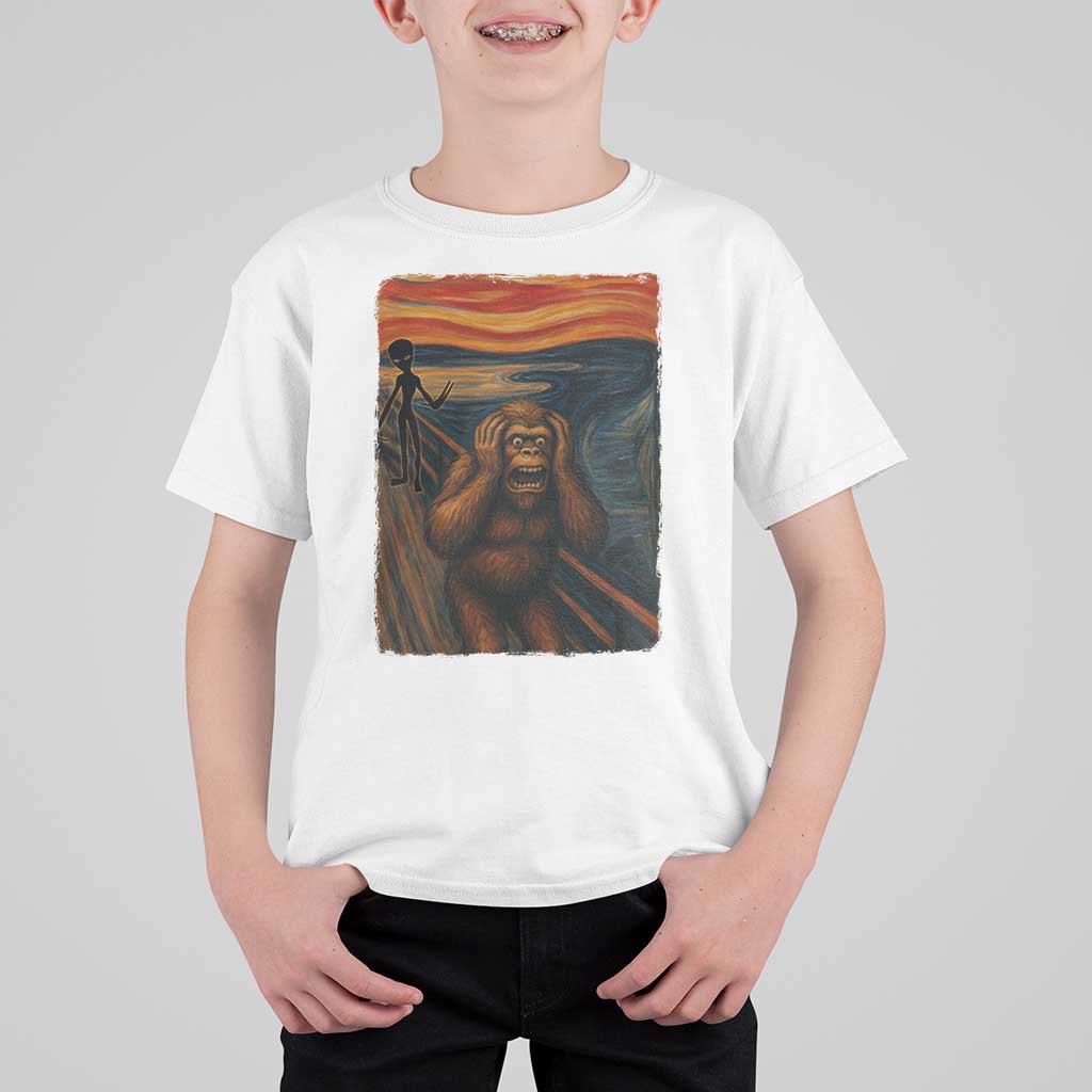 Funny Bigfoot And Alien T Shirt For Kid Parody The Scream Art Meme Gift - Wonder Print Shop