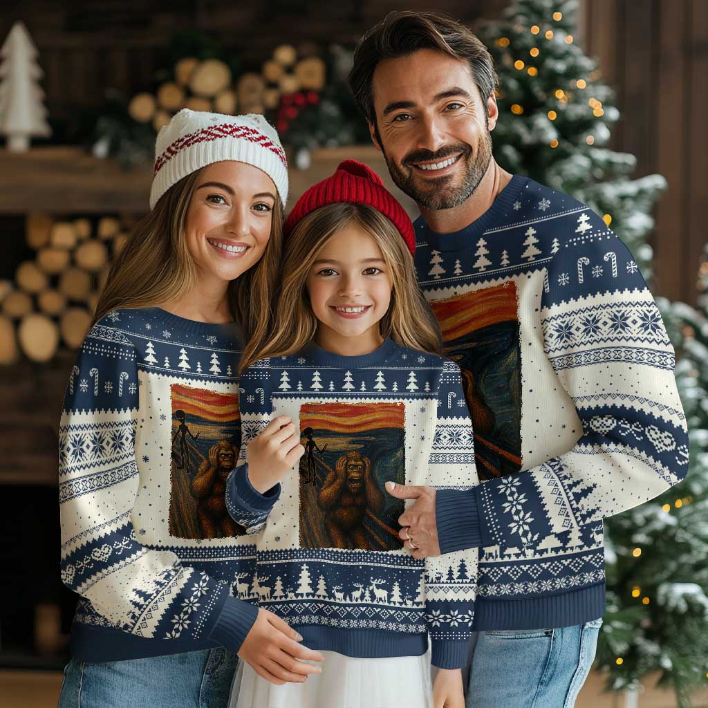 Funny Bigfoot And Alien Ugly Christmas Sweater Parody The Scream Art Meme Gift - Wonder Print Shop