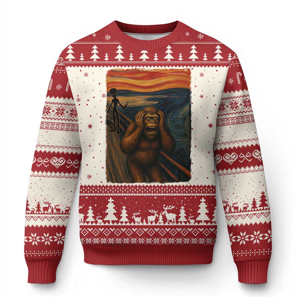 Funny Bigfoot And Alien Ugly Christmas Sweater Parody The Scream Art Meme Gift - Wonder Print Shop