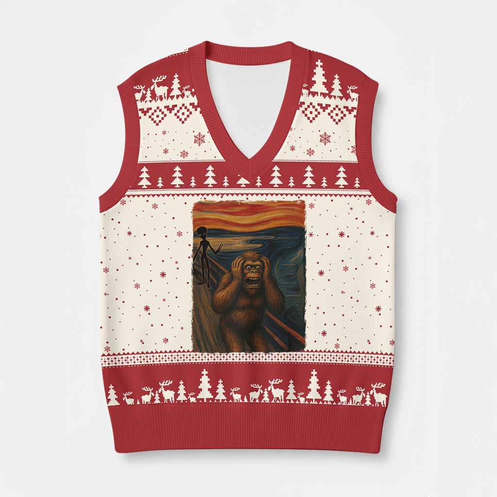 Funny Bigfoot And Alien V-Neck Knit Sweater Vest Parody The Scream Art Meme Gift - Wonder Print Shop