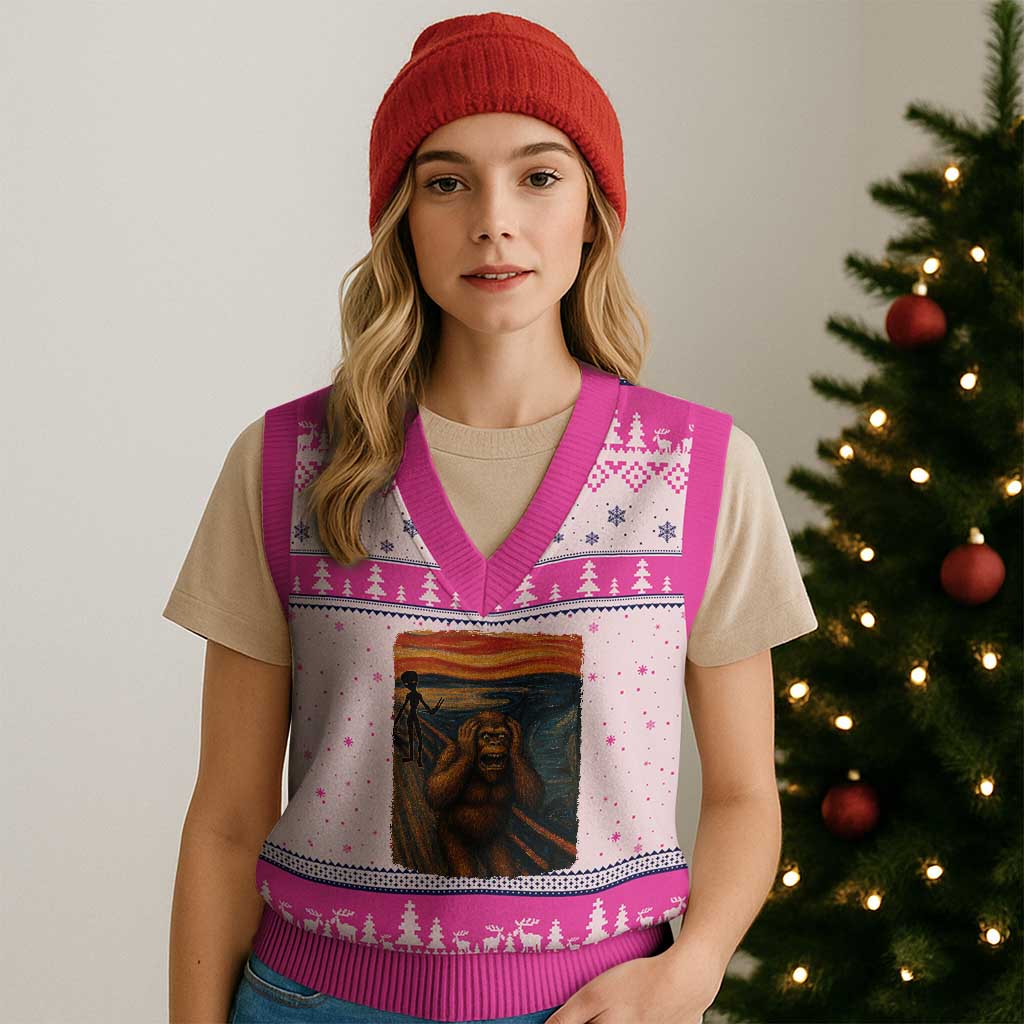 Funny Bigfoot And Alien V-Neck Knit Sweater Vest Parody The Scream Art Meme Gift - Wonder Print Shop