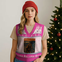 Funny Bigfoot And Alien V-Neck Knit Sweater Vest Parody The Scream Art Meme Gift - Wonder Print Shop