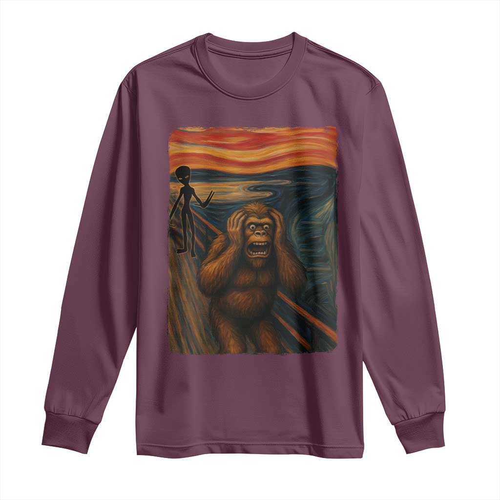 Funny Bigfoot And Alien Long Sleeve Shirt Parody The Scream Art Meme Gift - Wonder Print Shop