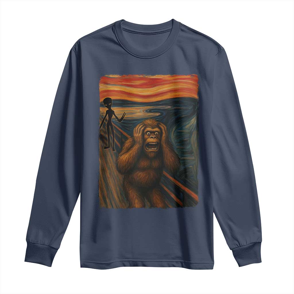 Funny Bigfoot And Alien Long Sleeve Shirt Parody The Scream Art Meme Gift - Wonder Print Shop