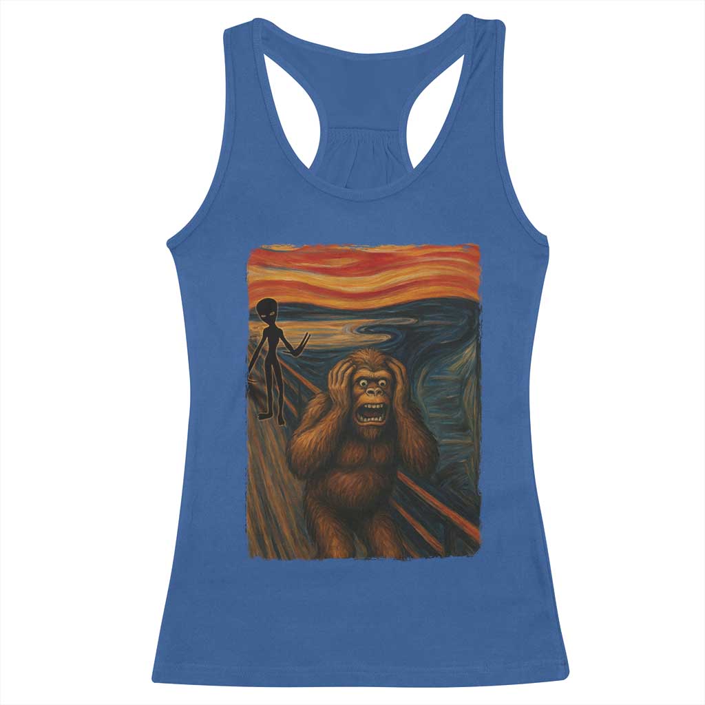 Funny Bigfoot And Alien Racerback Tank Top Parody The Scream Art Meme Gift - Wonder Print Shop