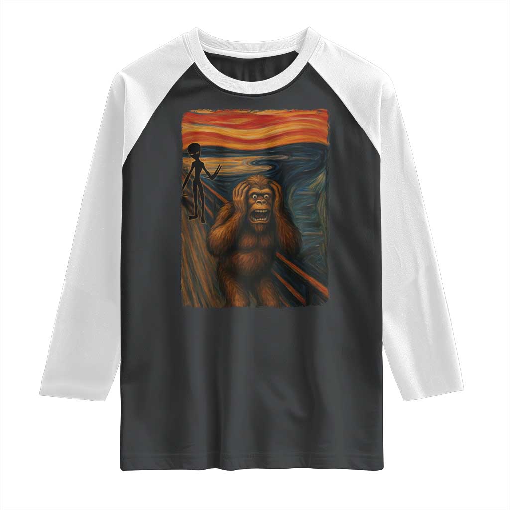 Funny Bigfoot And Alien Raglan Shirt Parody The Scream Art Meme Gift - Wonder Print Shop