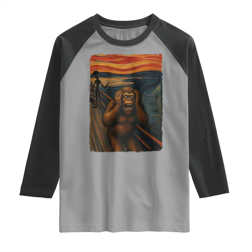 Funny Bigfoot And Alien Raglan Shirt Parody The Scream Art Meme Gift - Wonder Print Shop