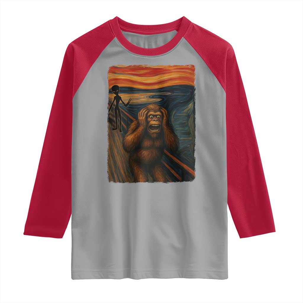 Funny Bigfoot And Alien Raglan Shirt Parody The Scream Art Meme Gift - Wonder Print Shop
