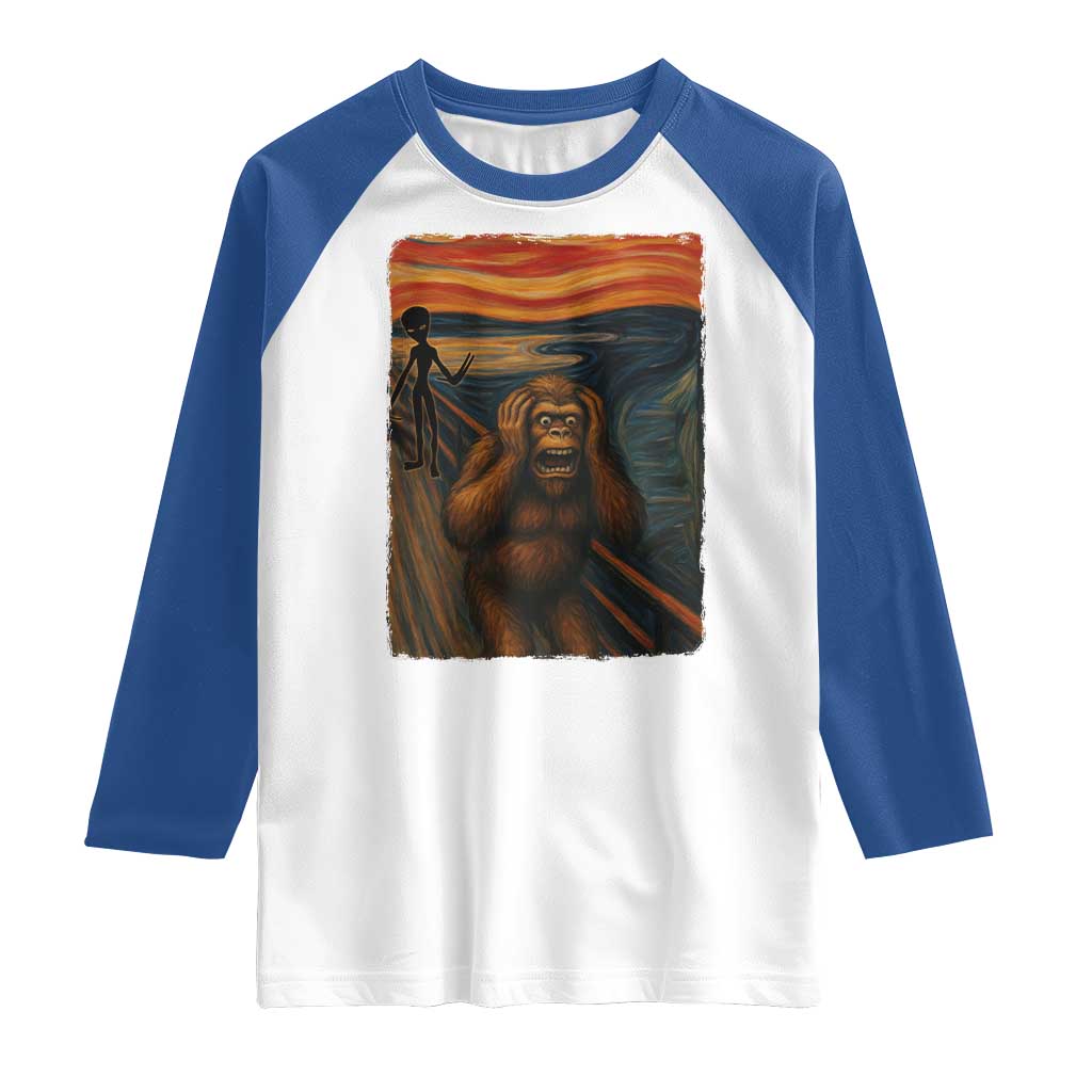 Funny Bigfoot And Alien Raglan Shirt Parody The Scream Art Meme Gift - Wonder Print Shop