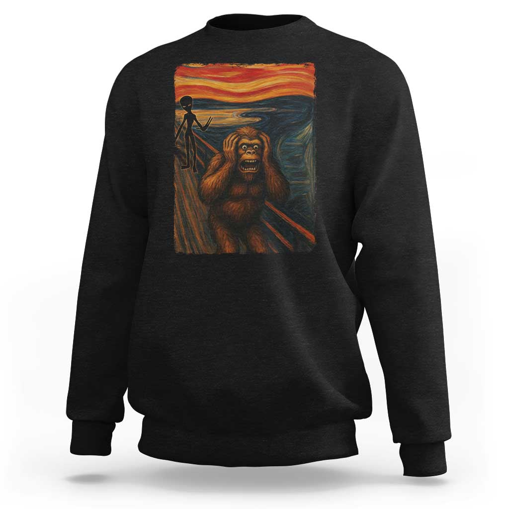 Funny Bigfoot And Alien Sweatshirt Parody The Scream Art Meme Gift - Wonder Print Shop