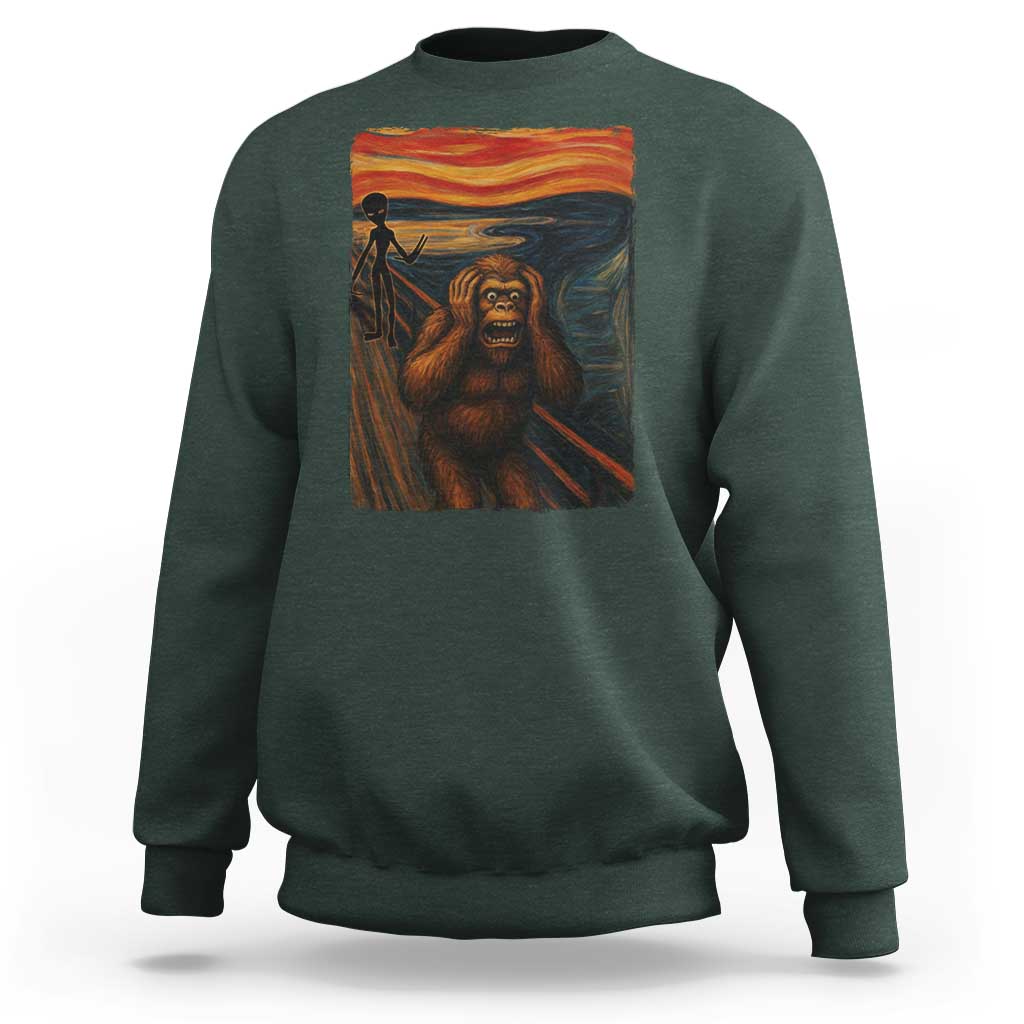 Funny Bigfoot And Alien Sweatshirt Parody The Scream Art Meme Gift - Wonder Print Shop