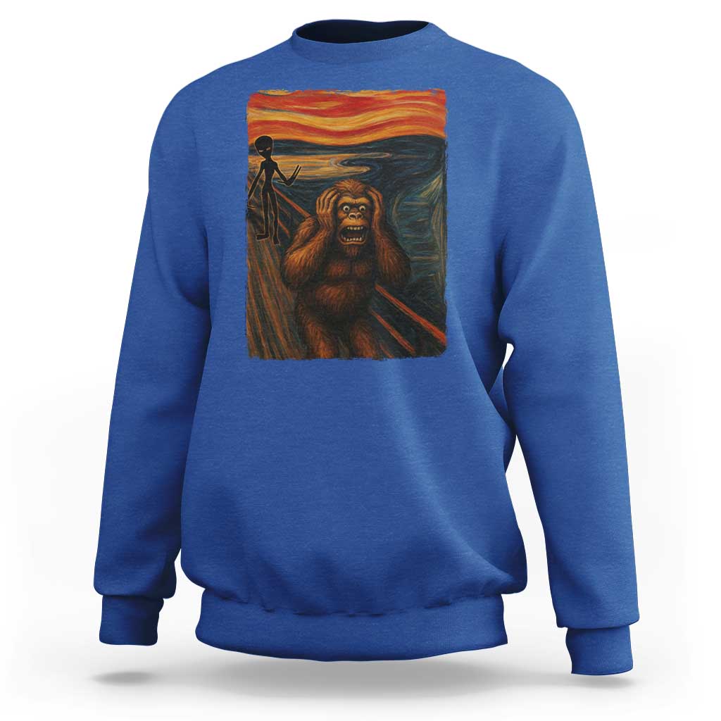 Funny Bigfoot And Alien Sweatshirt Parody The Scream Art Meme Gift - Wonder Print Shop
