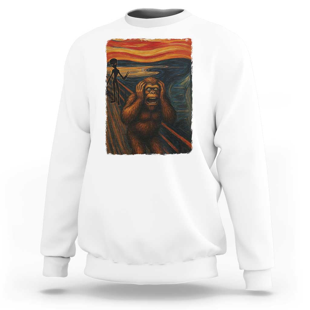 Funny Bigfoot And Alien Sweatshirt Parody The Scream Art Meme Gift - Wonder Print Shop
