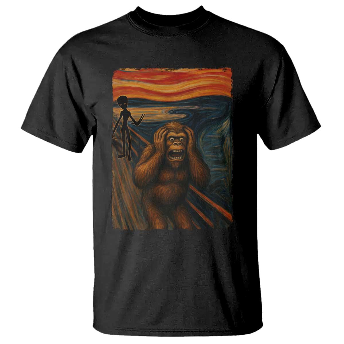 Funny Bigfoot And Alien T Shirt Parody The Scream Art Meme Gift - Wonder Print Shop