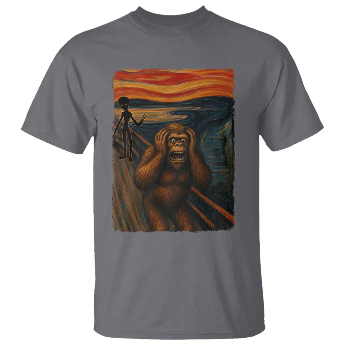 Funny Bigfoot And Alien T Shirt Parody The Scream Art Meme Gift - Wonder Print Shop