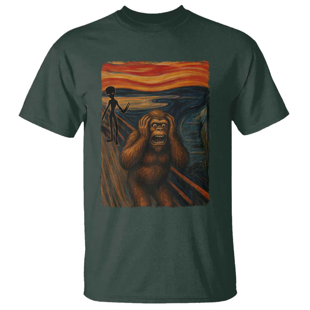 Funny Bigfoot And Alien T Shirt Parody The Scream Art Meme Gift - Wonder Print Shop