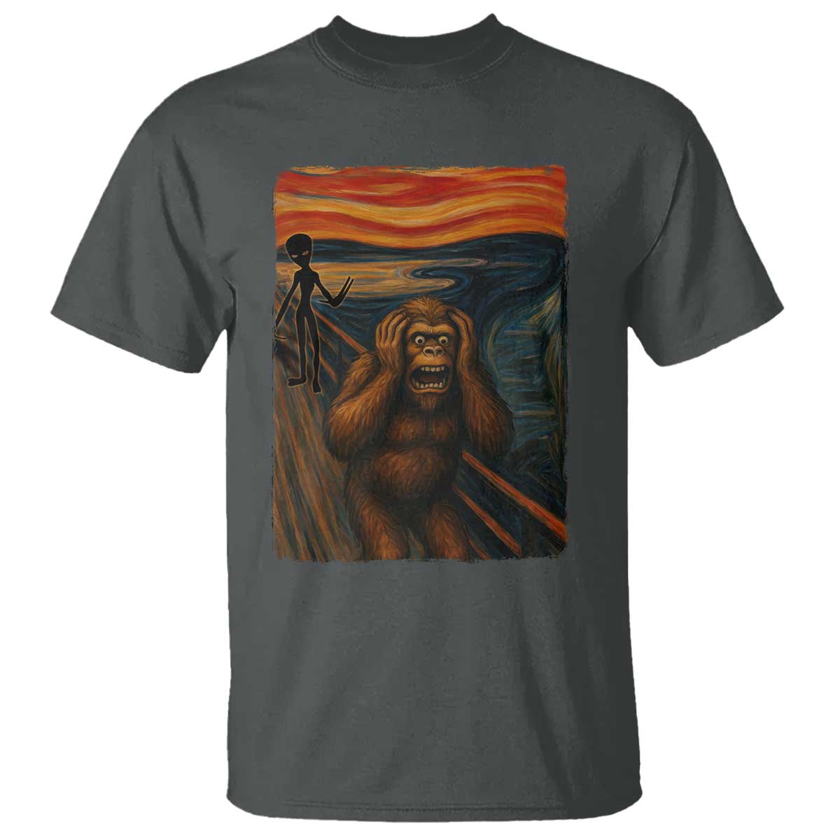 Funny Bigfoot And Alien T Shirt Parody The Scream Art Meme Gift - Wonder Print Shop
