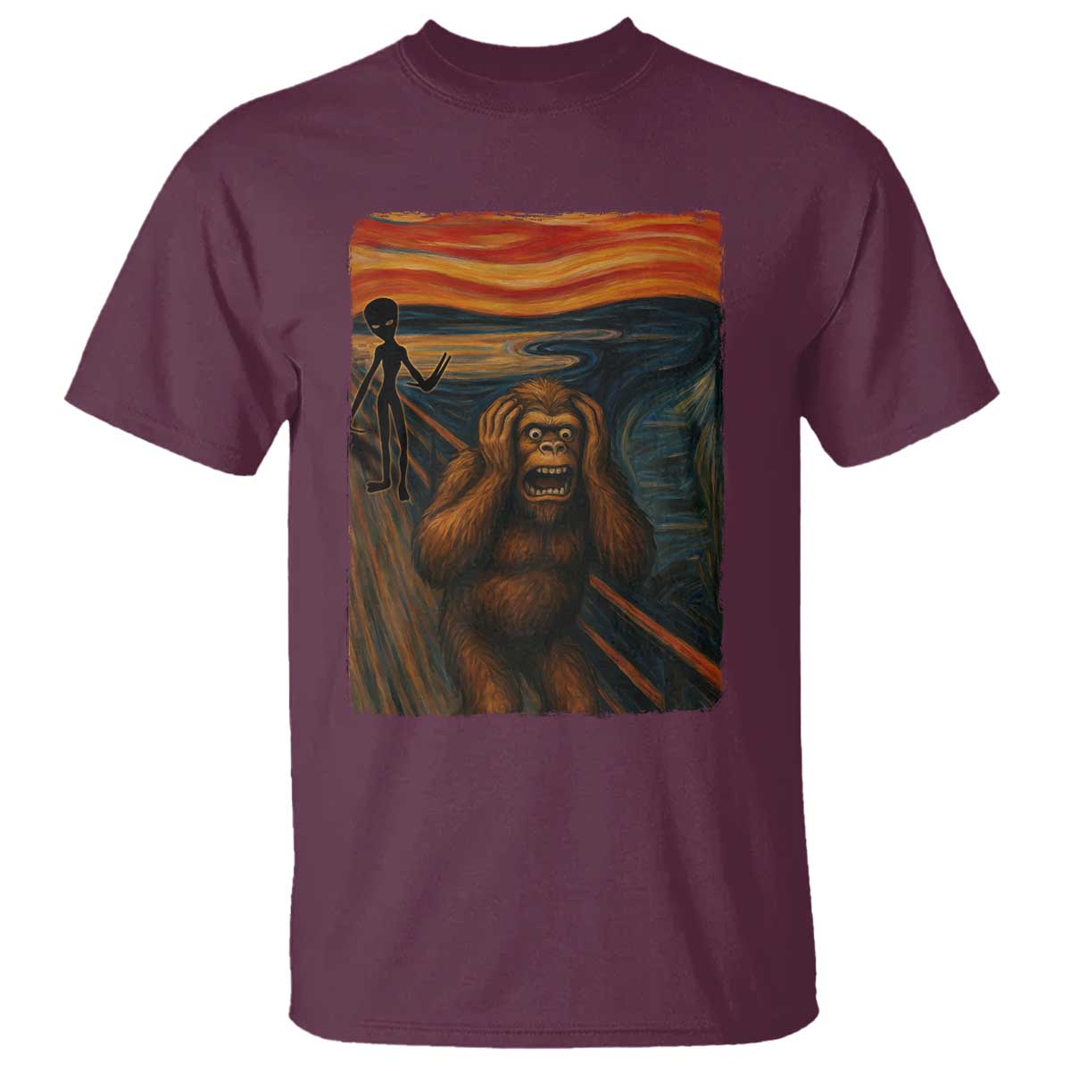 Funny Bigfoot And Alien T Shirt Parody The Scream Art Meme Gift - Wonder Print Shop