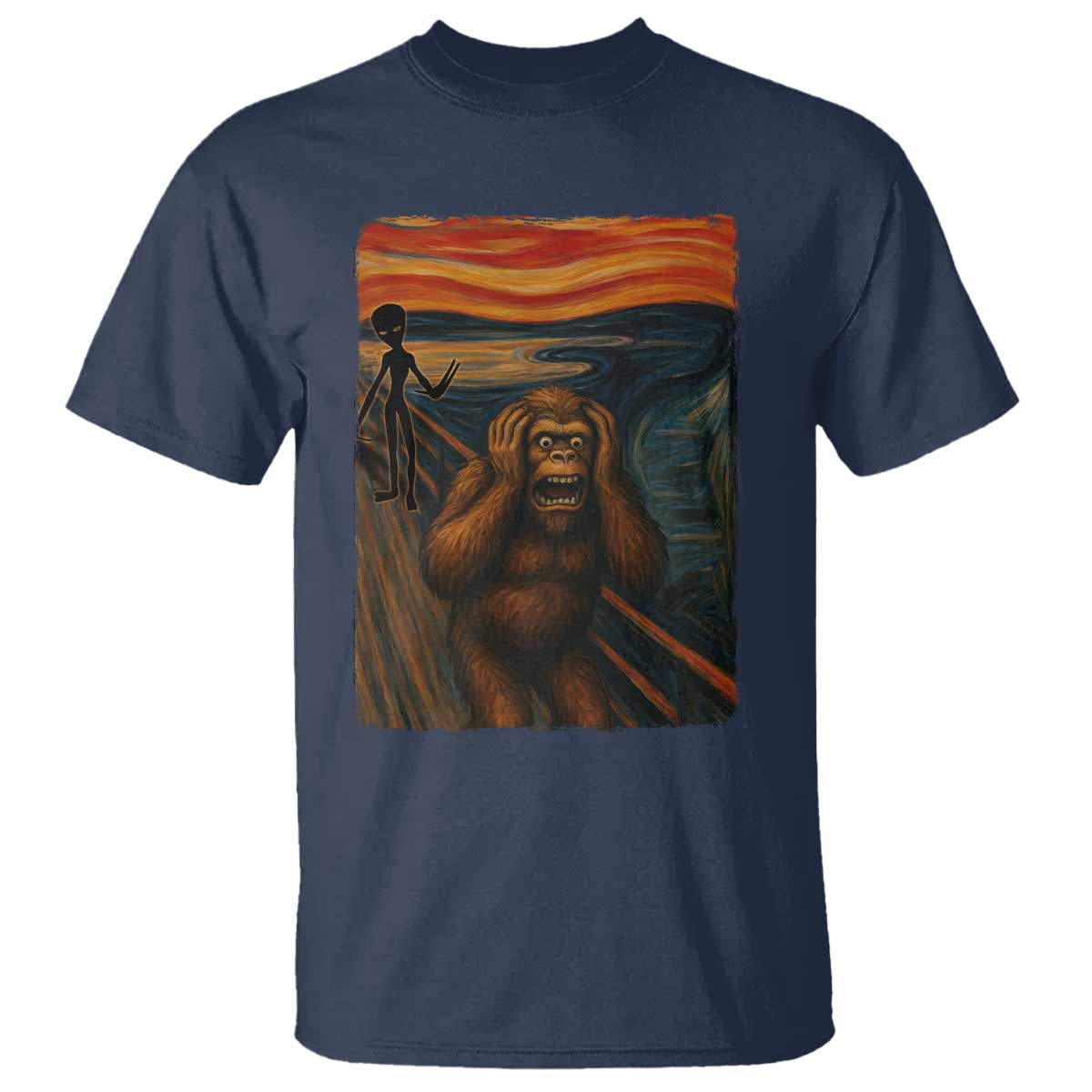 Funny Bigfoot And Alien T Shirt Parody The Scream Art Meme Gift - Wonder Print Shop