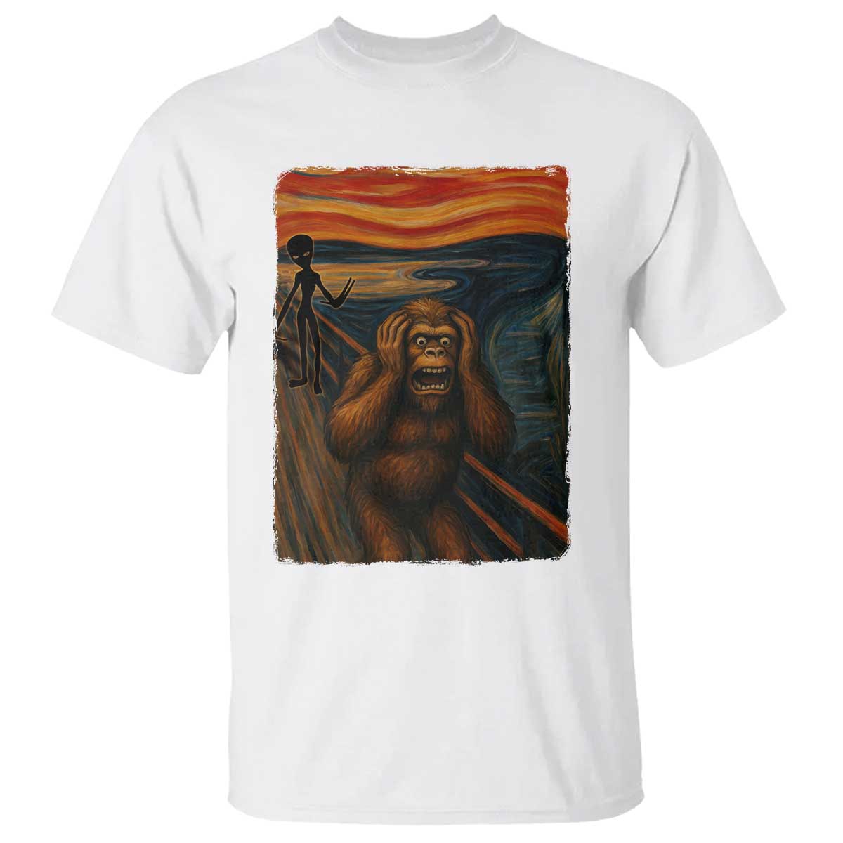 Funny Bigfoot And Alien T Shirt Parody The Scream Art Meme Gift - Wonder Print Shop