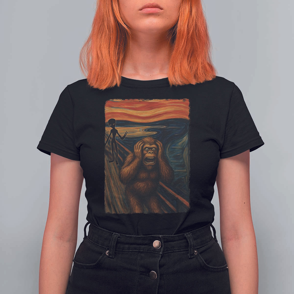 Funny Bigfoot And Alien T Shirt For Women Parody The Scream Art Meme Gift - Wonder Print Shop