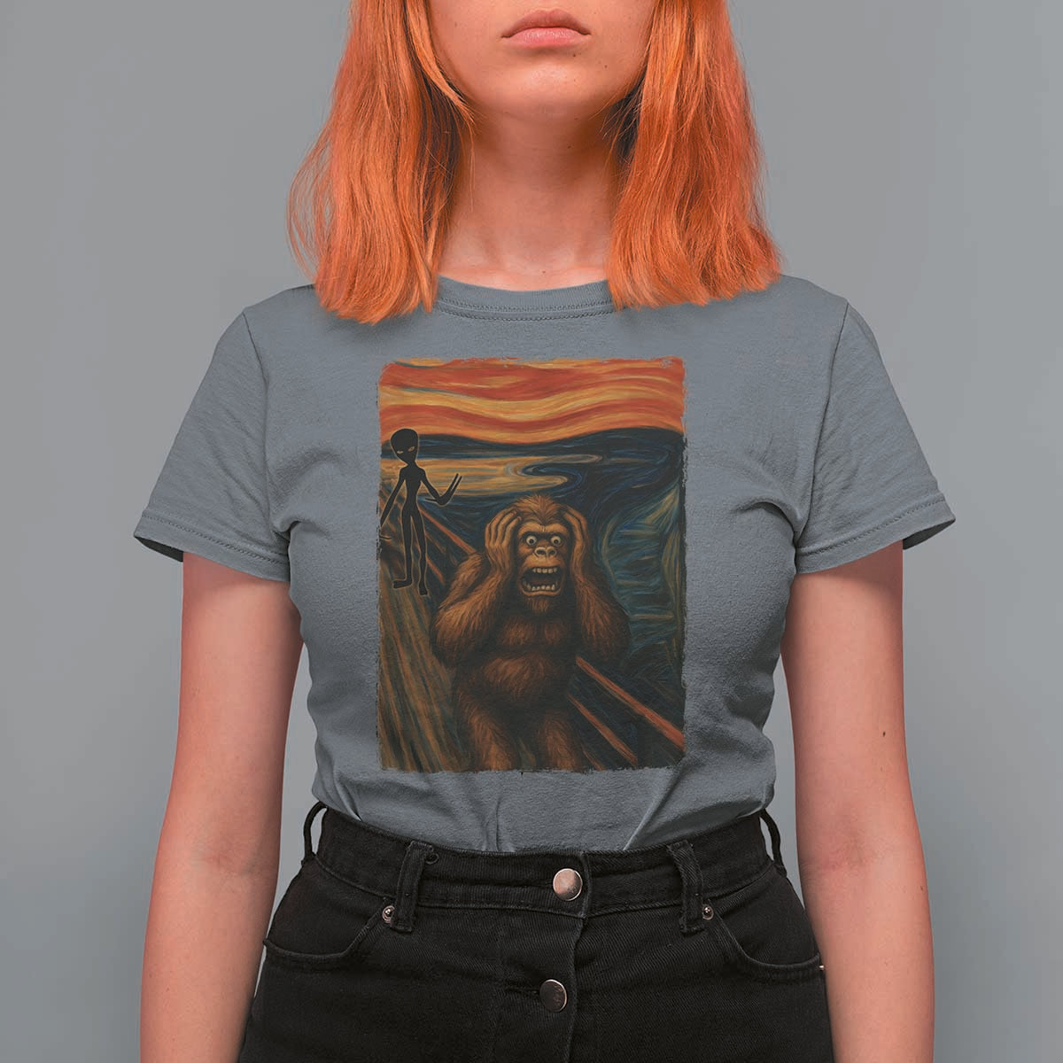 Funny Bigfoot And Alien T Shirt For Women Parody The Scream Art Meme Gift - Wonder Print Shop