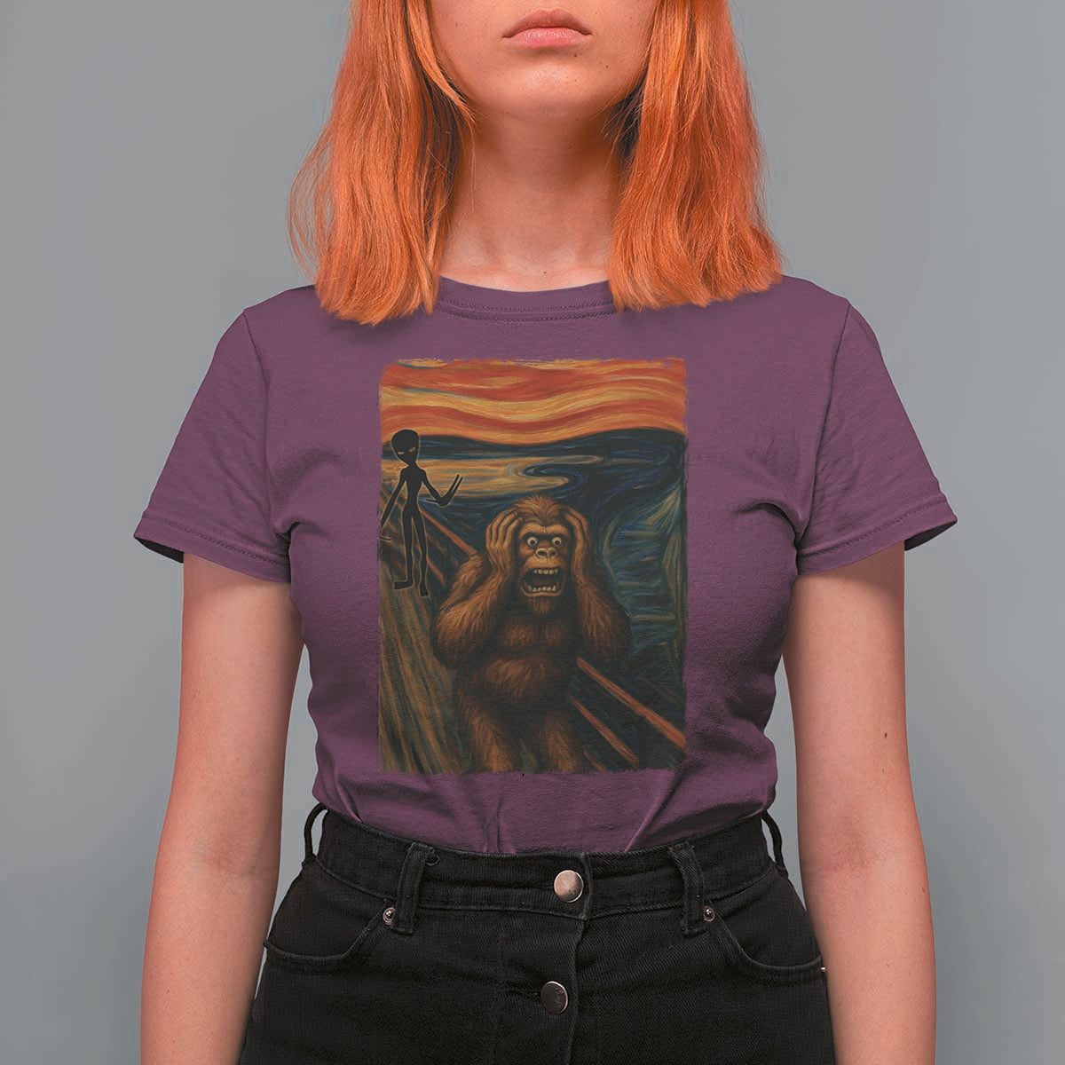 Funny Bigfoot And Alien T Shirt For Women Parody The Scream Art Meme Gift - Wonder Print Shop