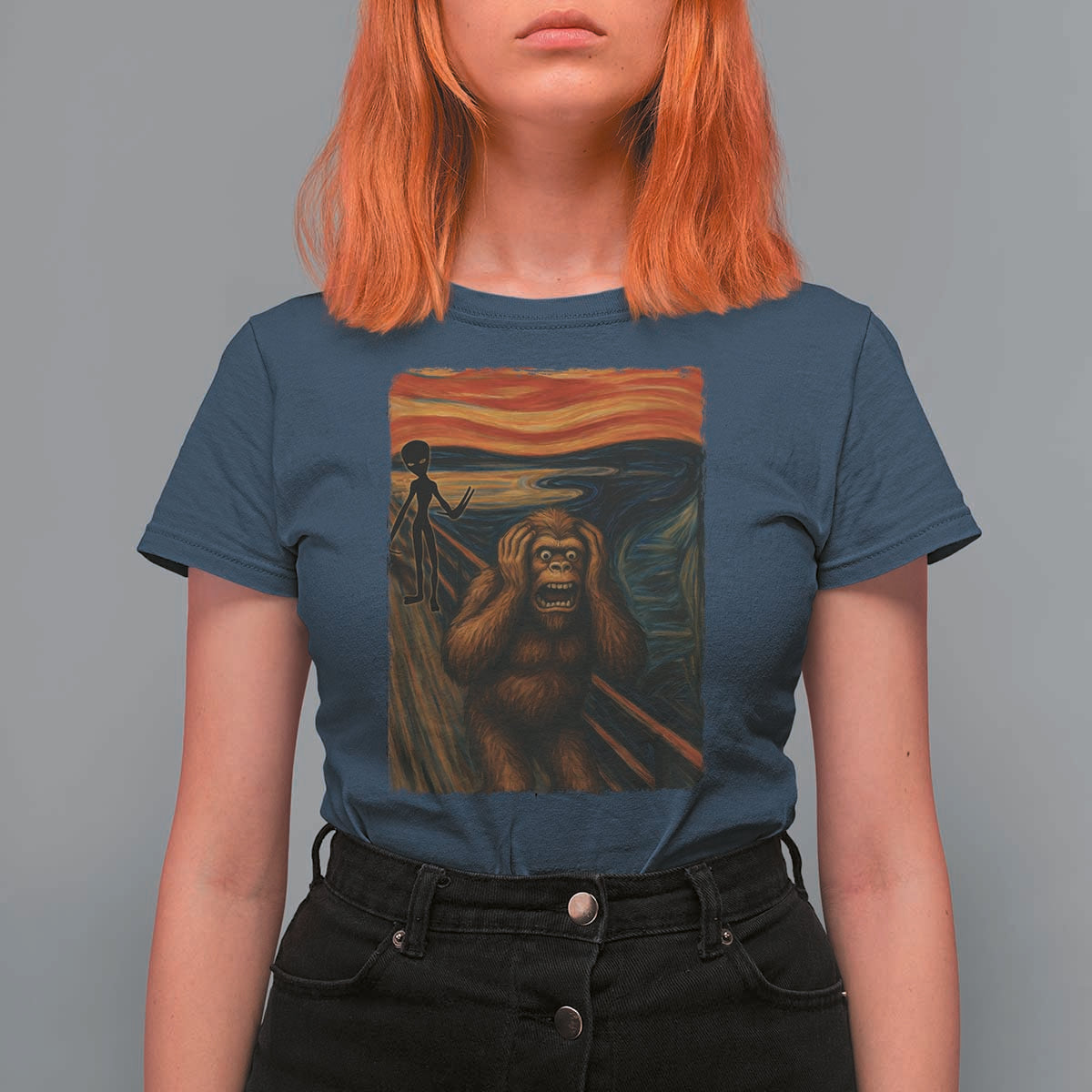 Funny Bigfoot And Alien T Shirt For Women Parody The Scream Art Meme Gift - Wonder Print Shop