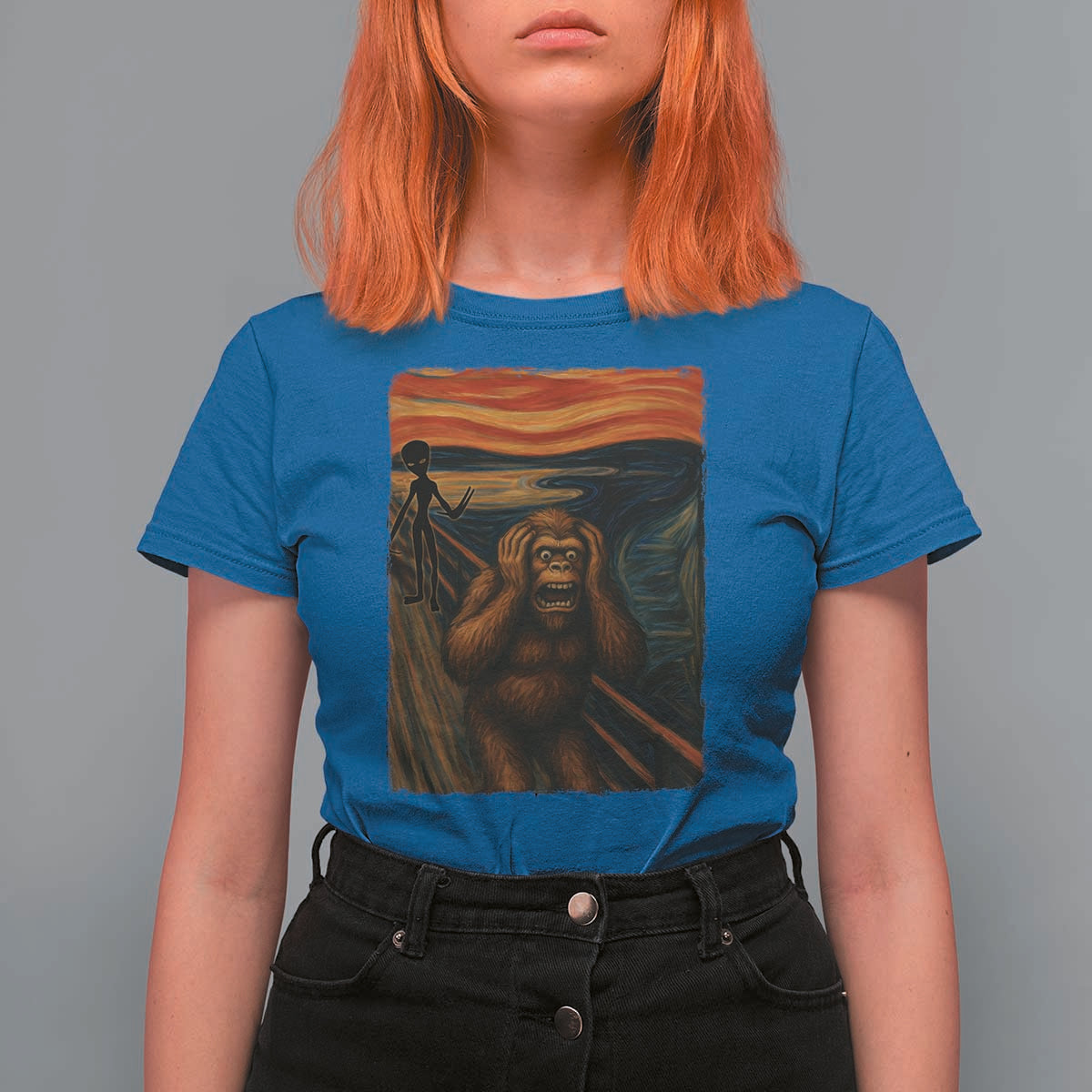 Funny Bigfoot And Alien T Shirt For Women Parody The Scream Art Meme Gift - Wonder Print Shop