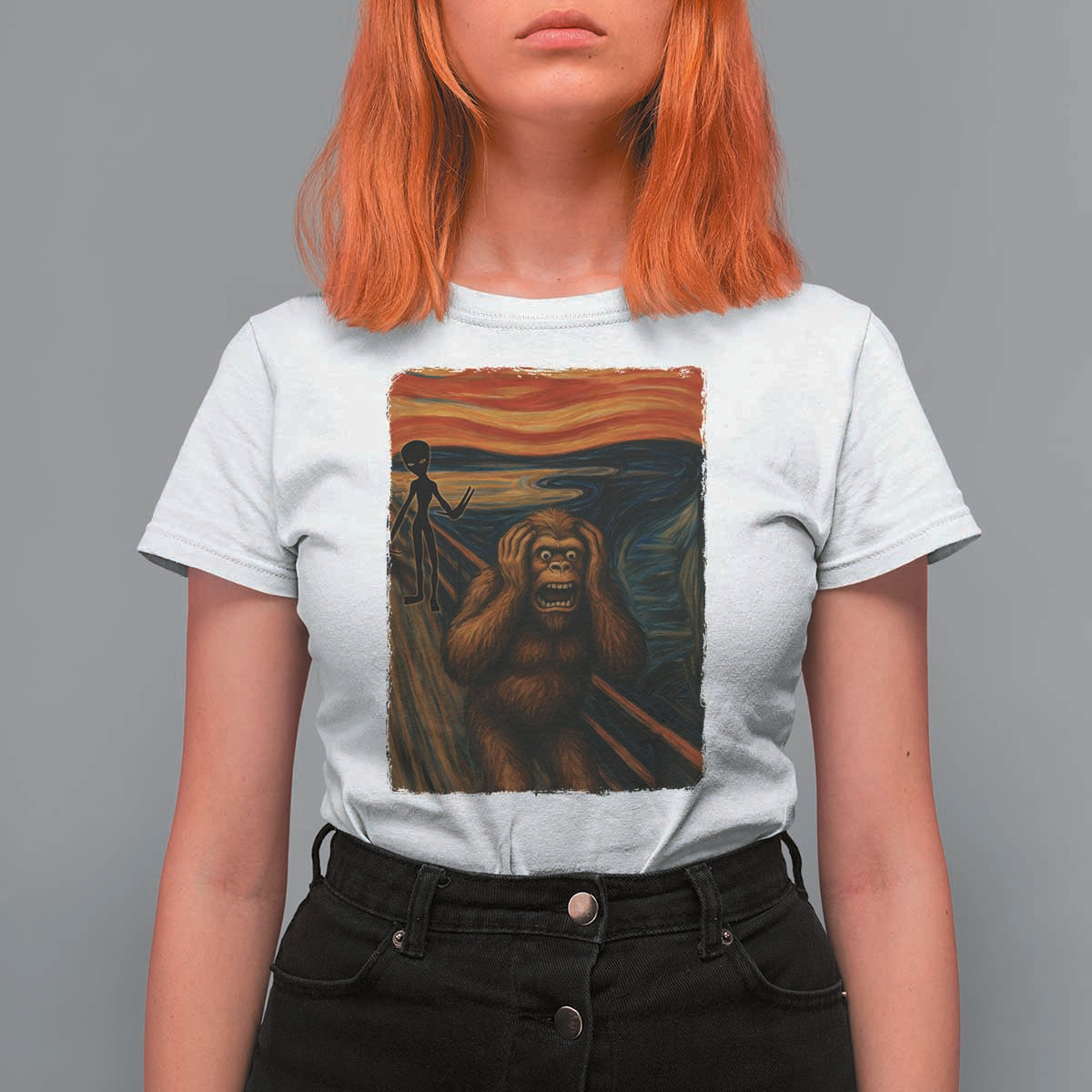 Funny Bigfoot And Alien T Shirt For Women Parody The Scream Art Meme Gift - Wonder Print Shop