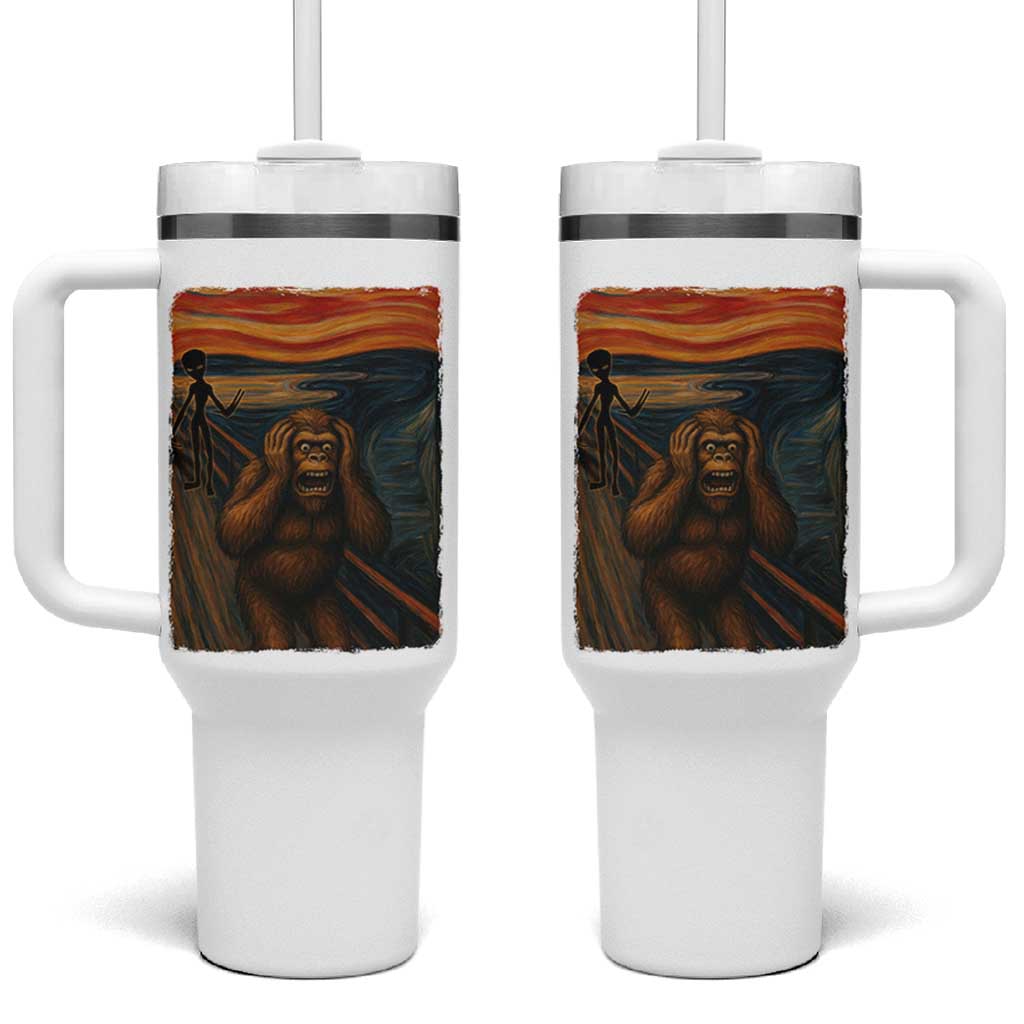 Funny Bigfoot And Alien Tumbler With Handle Parody The Scream Art Meme Gift