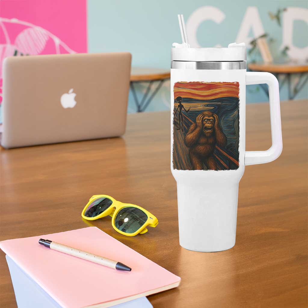 Funny Bigfoot And Alien Tumbler With Handle Parody The Scream Art Meme Gift