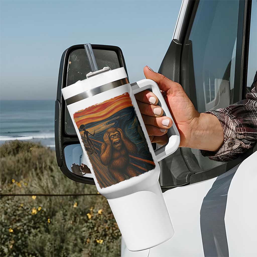 Funny Bigfoot And Alien Tumbler With Handle Parody The Scream Art Meme Gift