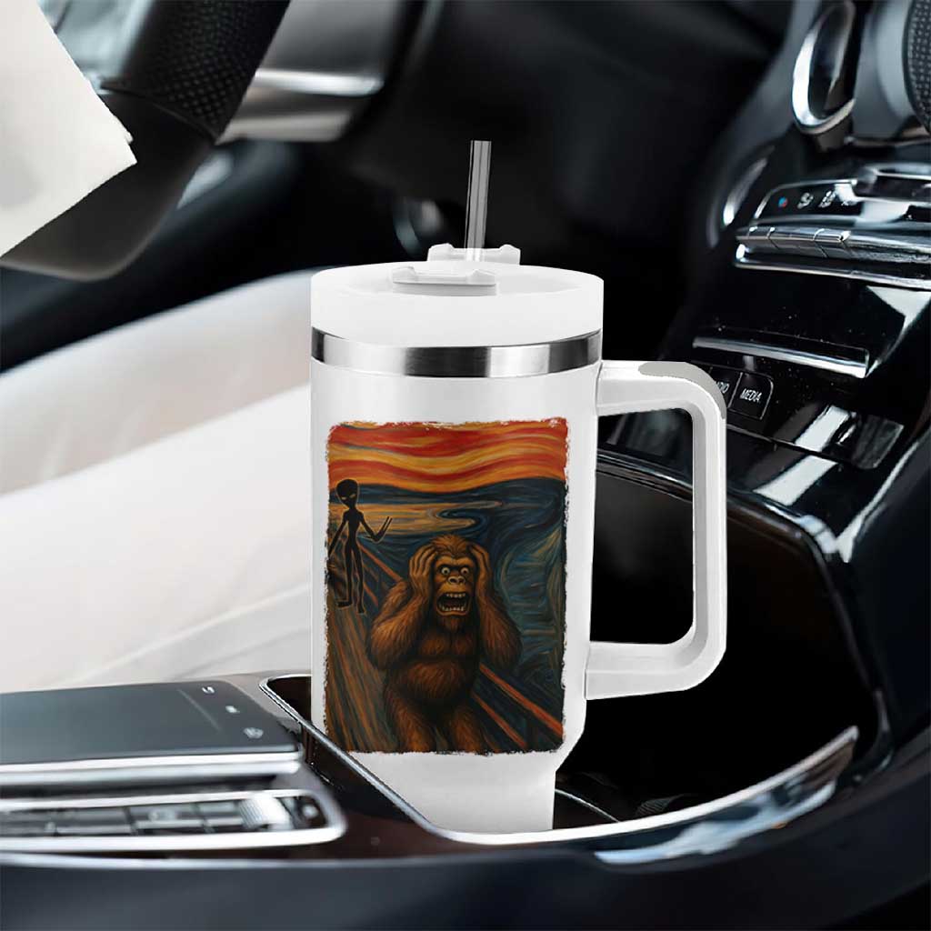 Funny Bigfoot And Alien Tumbler With Handle Parody The Scream Art Meme Gift