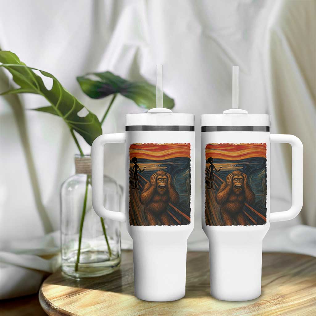 Funny Bigfoot And Alien Tumbler With Handle Parody The Scream Art Meme Gift