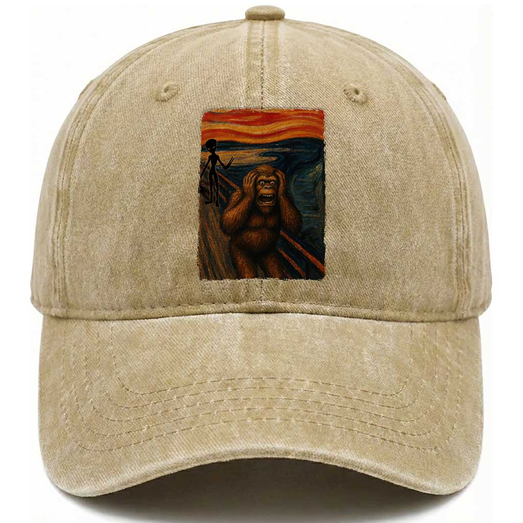 Funny Bigfoot And Alien Washed Cotton Baseball Cap Parody The Scream Art Meme Gift