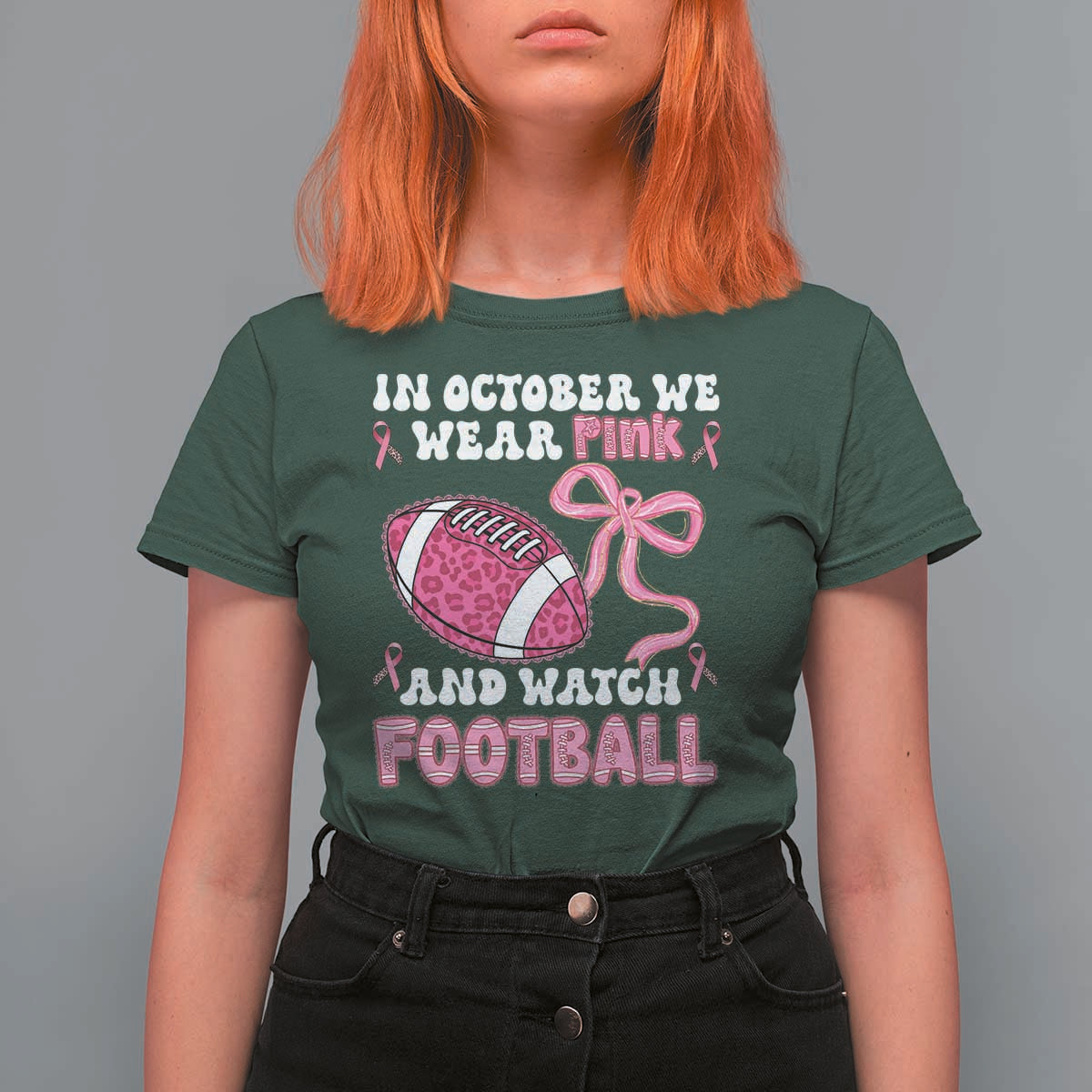 In October We Wear Pink And Watch Football T Shirt For Women Breast Cancer Awareness Gift - Wonder Print Shop