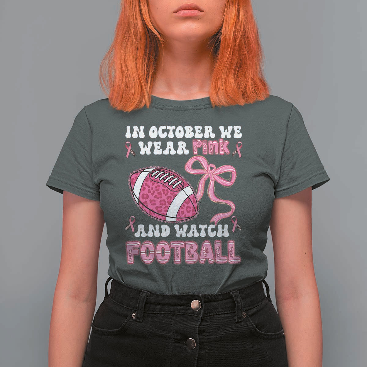 In October We Wear Pink And Watch Football T Shirt For Women Breast Cancer Awareness Gift - Wonder Print Shop