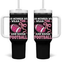 In October We Wear Pink And Watch Football Tumbler With Handle Breast Cancer Awareness Gift