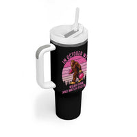 In October We Wear Pink Football Tumbler With Handle Support Breast Cancer Awareness