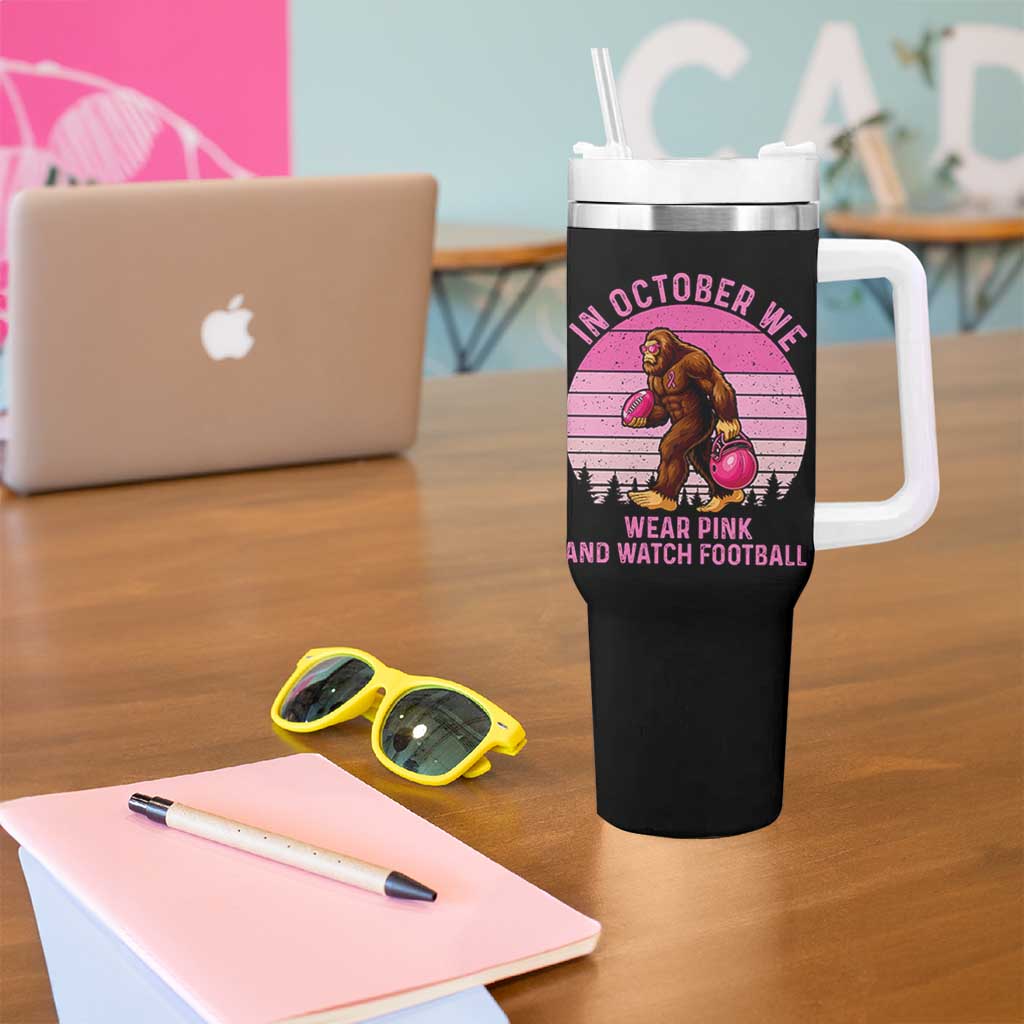 In October We Wear Pink Football Tumbler With Handle Support Breast Cancer Awareness