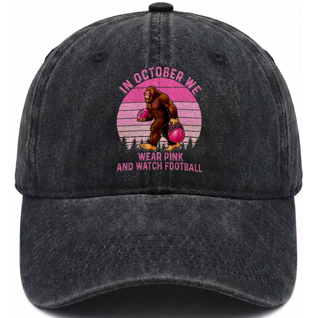 In October We Wear Pink Football Washed Cotton Baseball Cap Support Breast Cancer Awareness