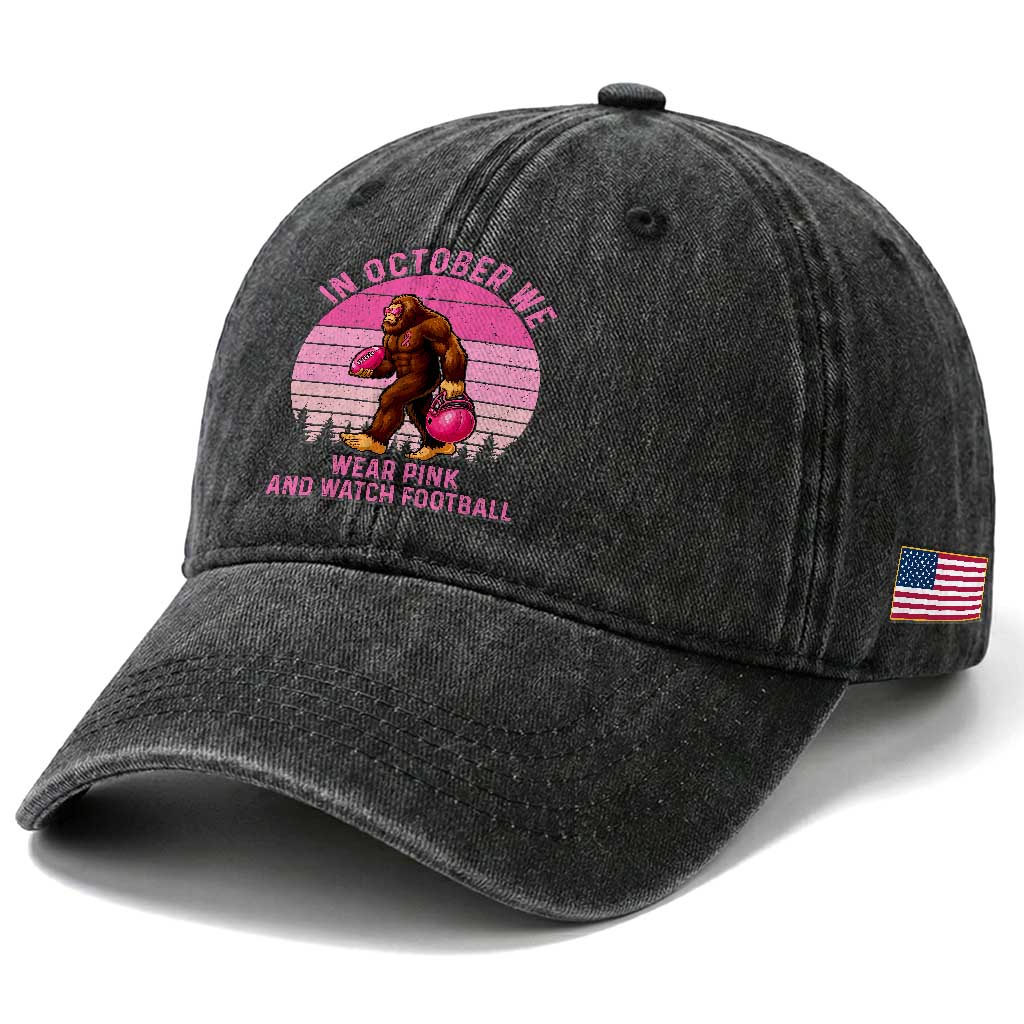 In October We Wear Pink Football Washed Cotton Baseball Cap Support Breast Cancer Awareness