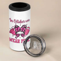 In October We Wear Pink Football 4 in 1 Can Cooler Tumbler Funny Football Awareness Gift