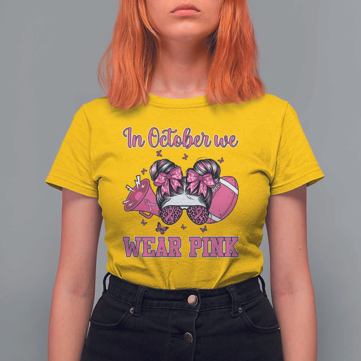 In October We Wear Pink Football T Shirt For Women Funny Football Awareness Gift - Wonder Print Shop